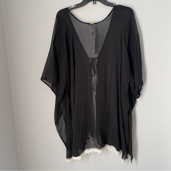 Jessica Simpson Women’s Kimono Sleeve Sheer Swim Cover Up Rob Black M - Picture 3 of 3